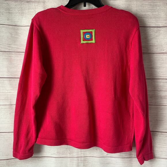 Bechamel Pink Knit Cardigan Sweater Colorful Geometric Squares Button Up Medium - Picture 5 of 16